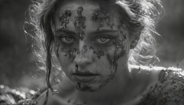 1girl,solo,looking at viewer,short hair,closed mouth,monochrome,greyscale,blurry,lips,eyelashes,blood,depth of field,blurry background,portrait,freckles,blood on face,realistic,dirty,parted lips,floating hair