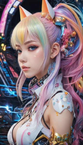 1girl,solo,long hair,breasts,looking at viewer,bangs,blue eyes,blonde hair,large breasts,hair ornament,animal ears,cleavage,jewelry,medium breasts,upper body,ponytail,pink hair,sidelocks,multicolored hair,earrings,parted lips,green hair,blurry,from side,two-tone hair,lips,streaked hair,eyelashes,gradient hair,makeup,blurry background,headgear,high ponytail,lipstick,armlet,eyeshadow,science fiction,realistic,nose,eyeliner,mascara,bare shoulders,closed mouth,flower,artist name,signature,hair flower,aqua hair,buttons,depth of field,fake animal ears,pink lips,red lips,cable,cyberpunk