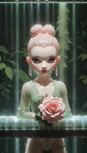 1girl,solo,breasts,looking at viewer,blush,blue eyes,blonde hair,gloves,dress,navel,holding,jewelry,collarbone,flower,white hair,earrings,water,hair bun,lips,wet,see-through,eyelashes,makeup,rose,leaf,single hair bun,lipstick,wet clothes,green dress,holding flower,red lips,hair up,maebari,waterfall,updo,short hair,pink hair,small breasts,blurry,nature,pink flower,eyeshadow,pink rose