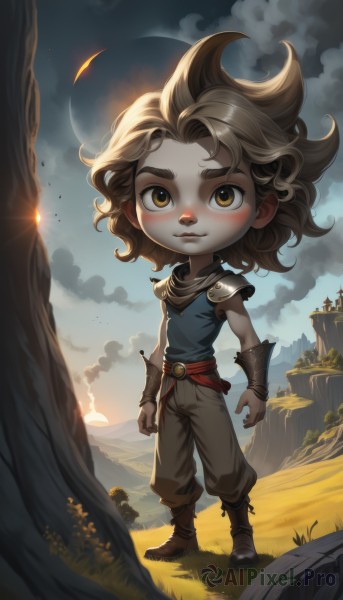 solo,looking at viewer,blush,smile,short hair,bangs,blonde hair,brown hair,shirt,1boy,brown eyes,closed mouth,standing,full body,yellow eyes,male focus,boots,outdoors,sky,sleeveless,shiny,pants,artist name,cloud,medium hair,armor,shiny hair,tree,brown footwear,cloudy sky,grass,blue shirt,shoulder armor,child,rock,mountain,bracer,male child,brown pants,belt,thick eyebrows,shoulder pads