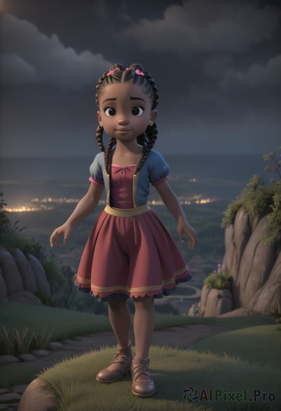 1girl,solo,long hair,looking at viewer,smile,black hair,hair ornament,dress,bow,brown eyes,closed mouth,standing,full body,braid,short sleeves,outdoors,sky,shoes,puffy sleeves,cloud,dark skin,black eyes,twin braids,dark-skinned female,puffy short sleeves,night,brown footwear,red dress,cloudy sky,grass,child,night sky,rock,female child,breasts,brown hair,artist name,water,flat chest,lips,sash,loli,ocean,hair bobbles,pink bow,forehead,horizon,waist bow