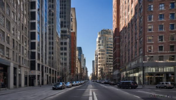 outdoors,sky,day,cloud,blue sky,no humans,window,ground vehicle,building,scenery,motor vehicle,city,sign,car,road,cityscape,lamppost,street,skyscraper,road sign,traffic light,crosswalk,real world location,sidewalk,truck