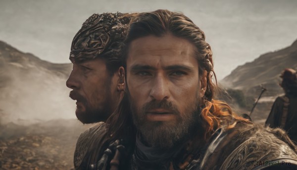 long hair,brown hair,black hair,jewelry,closed mouth,upper body,weapon,male focus,outdoors,multiple boys,sky,cloud,2boys,armor,blurry,looking to the side,blurry background,facial hair,helmet,shoulder armor,portrait,beard,pauldrons,mountain,realistic,manly,grey sky,chainmail,looking at viewer,1boy,brown eyes,day,scar,cloudy sky,mustache,arrow (projectile)