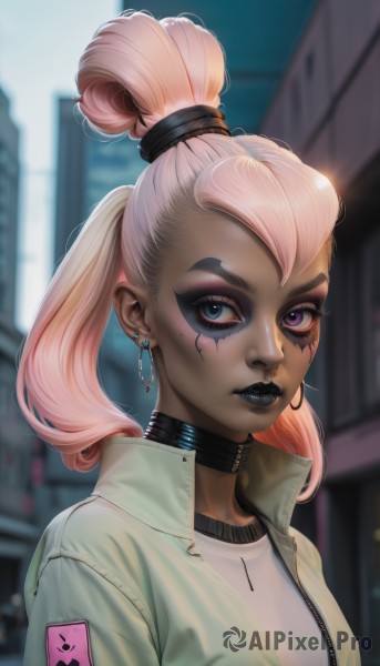 1girl,solo,long hair,breasts,looking at viewer,blue eyes,blonde hair,shirt,jewelry,medium breasts,purple eyes,jacket,upper body,pink hair,multicolored hair,earrings,open clothes,choker,artist name,dark skin,pink eyes,hair bun,mole,blurry,two-tone hair,open jacket,dark-skinned female,lips,eyelashes,mole under eye,tattoo,makeup,blurry background,heterochromia,black choker,facial mark,piercing,single hair bun,lipstick,eyeshadow,hoop earrings,eyeliner,facial tattoo,mascara,black lips,twintails,white shirt,ponytail,white hair,outdoors,teeth,day,white jacket,ear piercing,high collar,green jacket,nose,hair tie,facepaint,spade (shape),nose piercing