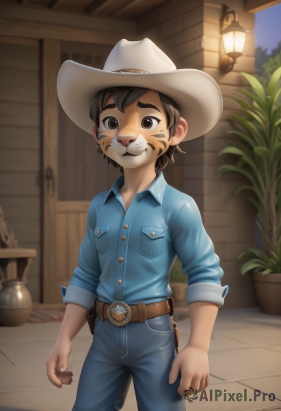 solo,looking at viewer,smile,short hair,brown hair,shirt,1boy,hat,brown eyes,standing,male focus,cowboy shot,outdoors,collared shirt,belt,pants,artist name,indoors,thick eyebrows,blue shirt,plant,denim,sleeves rolled up,freckles,pocket,jeans,lantern,blue pants,potted plant,brown belt,breast pocket,holster,whisker markings,male child,cowboy hat,cowboy western,facial mark,lamp,facepaint,flower pot