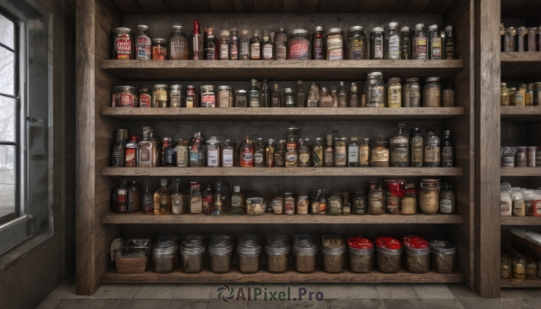 indoors,cup,no humans,window,bottle,scenery,snow,alcohol,can,shelf,jar,whiskey,day,tree,box,tiles,winter,bare tree,shop,still life