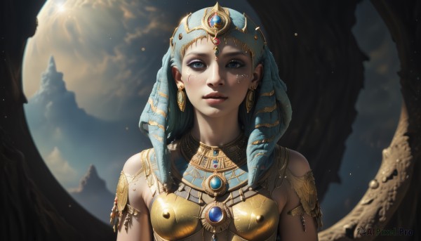 1girl,solo,long hair,breasts,looking at viewer,smile,blue eyes,black hair,bare shoulders,jewelry,upper body,earrings,parted lips,sky,cloud,armor,lips,makeup,facial mark,sunlight,gem,armlet,snake,realistic,nose,sun,gold,gorget,medium breasts,outdoors,necklace,eyelashes,tattoo,piercing,moon,portrait,headdress,facepaint