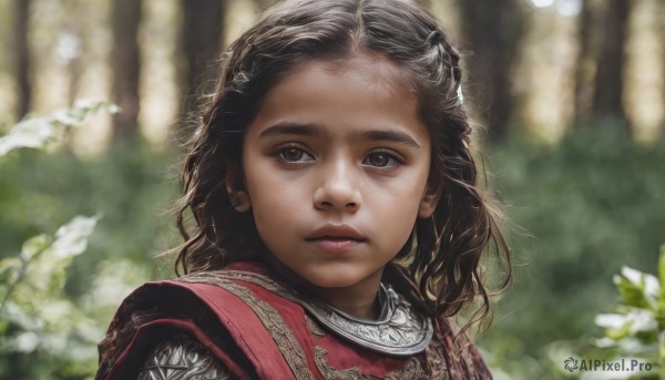 1girl,solo,long hair,looking at viewer,brown hair,black hair,brown eyes,closed mouth,upper body,outdoors,blurry,black eyes,tree,lips,depth of field,blurry background,child,portrait,nature,forest,freckles,curly hair,realistic,nose,day,close-up