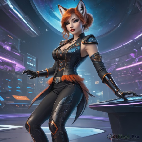 1girl,solo,breasts,looking at viewer,short hair,bangs,blue eyes,large breasts,brown hair,gloves,animal ears,cleavage,jewelry,medium breasts,tail,earrings,parted lips,black gloves,elbow gloves,belt,pants,cat ears,necklace,hair bun,orange hair,armor,lips,fox ears,makeup,black pants,single hair bun,lipstick,gauntlets,eyeshadow,science fiction,red lips,eyeliner,long hair,red hair,detached sleeves,sky,sleeveless,artist name,bodysuit,night,feet out of frame,fox tail,swept bangs,fox girl,shoulder armor,star (sky),night sky,buckle,pauldrons,city,leather pants