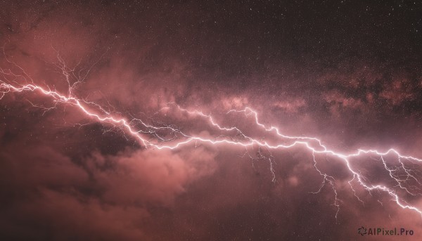 monochrome,outdoors,sky,cloud,no humans,night,cloudy sky,star (sky),night sky,scenery,starry sky,electricity,red theme,lightning,red sky