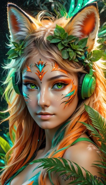 1girl,solo,long hair,breasts,looking at viewer,blonde hair,hair ornament,animal ears,cleavage,bare shoulders,medium breasts,closed mouth,green eyes,upper body,multicolored hair,artist name,cat ears,signature,orange hair,lips,animal ear fluff,fox ears,eyelashes,gradient hair,makeup,headphones,leaf,watermark,facial mark,plant,slit pupils,portrait,light particles,eyeshadow,freckles,nose,eyeliner,whisker markings,facepaint,mascara,bangs,flower,shiny,hair flower,glowing,messy hair,web address,headset,leaf hair ornament