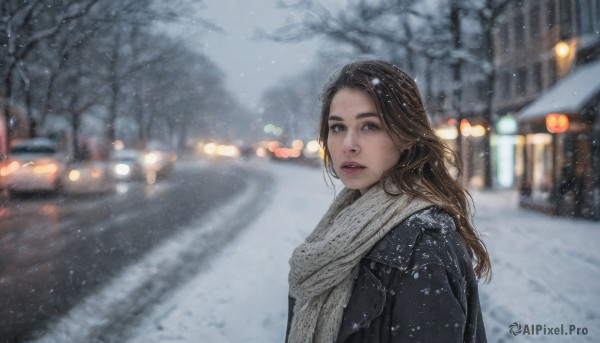 1girl,solo,long hair,looking at viewer,brown hair,black hair,upper body,outdoors,parted lips,scarf,blurry,tree,lips,coat,depth of field,blurry background,ground vehicle,motor vehicle,snow,snowing,realistic,white scarf,winter clothes,car,road,winter,brown eyes,jewelry,jacket,earrings,teeth,from side,night,street,bokeh