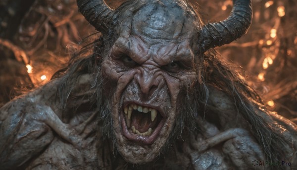 solo,looking at viewer,open mouth,1boy,male focus,horns,teeth,blurry,black eyes,no humans,blurry background,fangs,portrait,monster,colored skin,scar,fire,sharp teeth,realistic