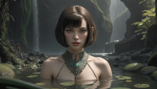 1girl,solo,breasts,looking at viewer,short hair,bangs,blue eyes,brown hair,black hair,bare shoulders,jewelry,upper body,earrings,outdoors,parted lips,artist name,water,mole,blurry,lips,blurry background,halterneck,bob cut,gem,nature,forest,partially submerged,rock,realistic,waterfall,lily pad,collarbone,teeth,day,necklace,nose,moss,hyur