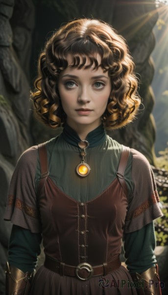 1girl,solo,looking at viewer,short hair,blue eyes,blonde hair,brown hair,shirt,long sleeves,dress,jewelry,closed mouth,standing,upper body,outdoors,belt,artist name,necklace,blurry,tree,lips,grey eyes,blurry background,wavy hair,sunlight,buckle,pendant,freckles,curly hair,light rays,realistic,nose,green shirt,arms at sides,brown belt,leather,sunbeam,short over long sleeves,breasts,bangs,short sleeves,eyelashes,watermark,gem,backlighting