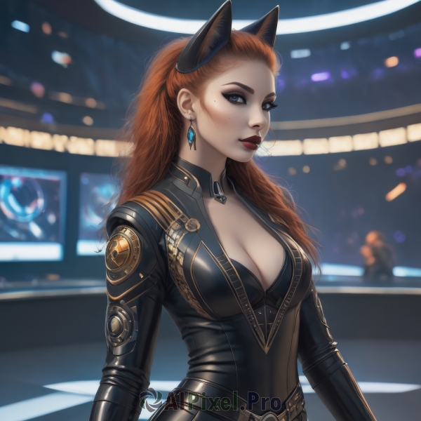 1girl,solo,long hair,breasts,looking at viewer,blue eyes,large breasts,brown hair,animal ears,cleavage,jewelry,medium breasts,upper body,earrings,choker,belt,cat ears,orange hair,mole,blurry,lips,mole under eye,bodysuit,makeup,blurry background,fake animal ears,lipstick,forehead,eyeshadow,freckles,black bodysuit,red lips,eyeliner,long sleeves,ponytail,artist name,realistic,nose,hair pulled back