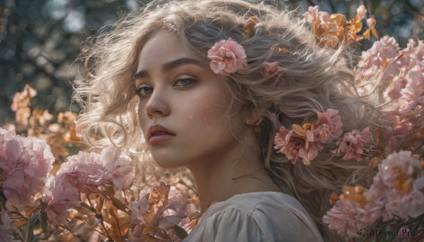 1girl, solo, long hair, looking at viewer, blonde hair, shirt, hair ornament, jewelry, white shirt, flower, earrings, parted lips, teeth, hair flower, blurry, from side, lips, grey eyes, depth of field, blurry background, thick eyebrows, portrait, pink flower, realistic, nose