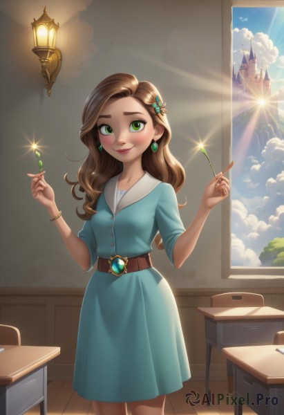 1girl,solo,long hair,breasts,looking at viewer,blush,smile,brown hair,hair ornament,dress,holding,jewelry,closed mouth,school uniform,green eyes,standing,collarbone,earrings,small breasts,sky,day,belt,artist name,cloud,indoors,hair flower,bracelet,lips,hands up,window,sparkle,makeup,blue dress,watermark,chair,sunlight,curtains,gem,desk,freckles,wooden floor,glint,wand,classroom,brown belt,lamp,school desk,chalkboard,holding wand,w arms,tree,wavy hair,cloudy sky