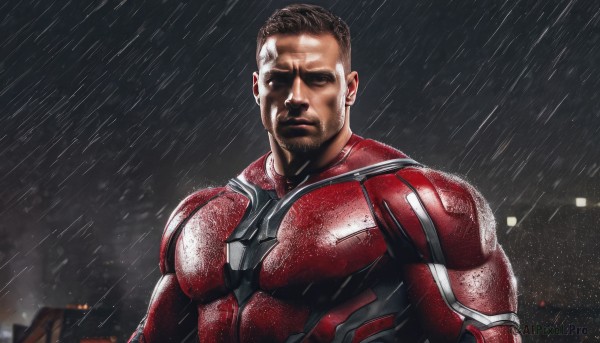 solo,brown hair,black hair,1boy,closed mouth,closed eyes,upper body,male focus,outdoors,wet,bodysuit,muscular,facial hair,pectorals,muscular male,building,beard,rain,realistic,mustache,manly,superhero,red bodysuit,looking at viewer,short hair,armor,thick eyebrows,bara,serious,sideburns,mature male