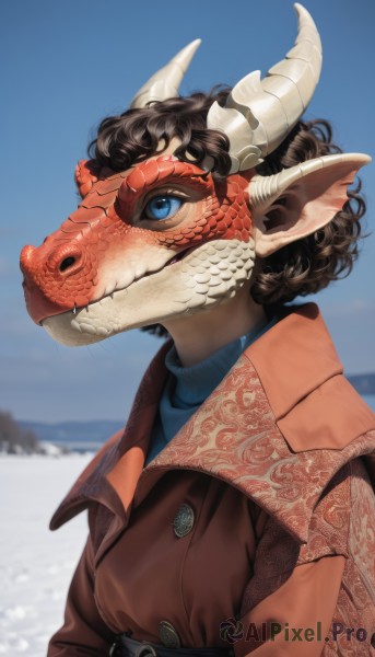 1girl,solo,short hair,blue eyes,brown hair,black hair,jacket,upper body,outdoors,horns,sky,day,pointy ears,belt,blurry,sweater,blue sky,coat,blurry background,turtleneck,dragon horns,curly hair,brown jacket,turtleneck sweater,dragon,scales,brown coat,looking at viewer,animal ears,closed mouth,blue shirt,monster girl,slit pupils,red jacket,colored sclera,dragon girl,chinese zodiac,blue sweater