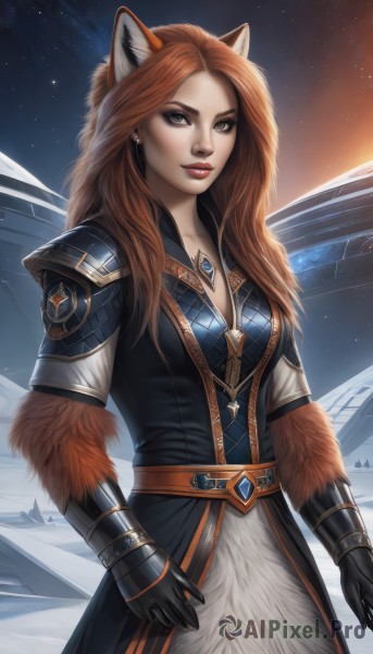 1girl,solo,long hair,breasts,looking at viewer,brown hair,gloves,animal ears,cleavage,brown eyes,jewelry,medium breasts,cowboy shot,earrings,outdoors,sky,black gloves,belt,artist name,necklace,armor,lips,fur trim,fox ears,makeup,lipstick,gem,star (sky),pendant,starry sky,freckles,red lips,space,closed mouth,yellow eyes,red hair,orange hair,night,realistic