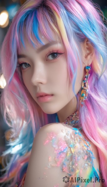 1girl,solo,long hair,looking at viewer,bangs,bare shoulders,jewelry,closed mouth,blue hair,upper body,pink hair,multicolored hair,earrings,looking back,blurry,black eyes,two-tone hair,lips,grey eyes,eyelashes,tattoo,makeup,gem,portrait,eyeshadow,freckles,realistic,nose,artist name,blunt bangs,from side,streaked hair,gradient hair,watermark,pink lips,mascara