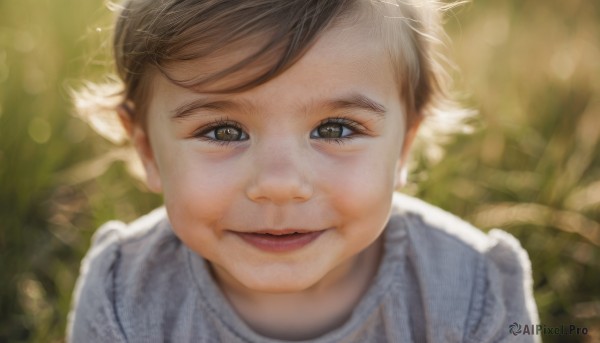 1girl,solo,looking at viewer,smile,short hair,brown hair,shirt,brown eyes,white shirt,outdoors,parted lips,blurry,lips,depth of field,blurry background,child,portrait,close-up,freckles,realistic,open mouth,bangs,1boy,male focus,teeth,day,eyelashes