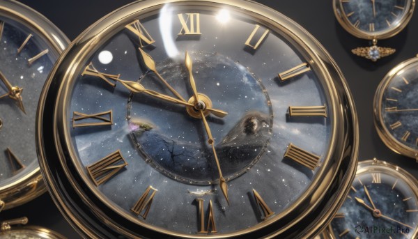 weapon,sky,no humans,moon,star (sky),scenery,starry sky,watch,clock,space,planet,gears,pocket watch,constellation,roman numeral,black background,light particles,crystal,key,still life,analog clock,hourglass