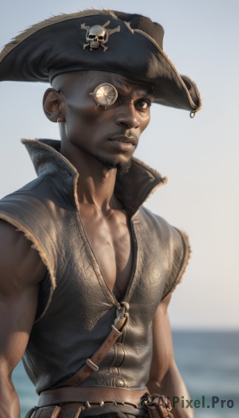 solo,looking at viewer,shirt,black hair,1boy,hat,brown eyes,jewelry,collarbone,upper body,male focus,earrings,outdoors,parted lips,sleeveless,day,belt,dark skin,water,blurry,vest,lips,black headwear,blurry background,facial hair,ocean,dark-skinned male,beard,realistic,mustache,goatee,monocle,pirate hat,pirate,brown hair,muscular,eyepatch