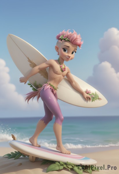 solo,looking at viewer,smile,open mouth,hair ornament,1boy,navel,holding,brown eyes,jewelry,nipples,tail,full body,pink hair,flower,male focus,earrings,outdoors,sky,barefoot,teeth,day,pointy ears,artist name,cloud,hair flower,dark skin,water,necklace,blue sky,ocean,leaf,beach,dark-skinned male,pectorals,walking,topless male,sand,male child,surfboard,wings,no humans,fairy wings