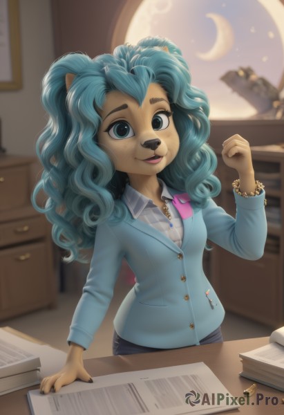 1girl,solo,long hair,breasts,looking at viewer,smile,open mouth,blue eyes,shirt,long sleeves,animal ears,jewelry,green eyes,blue hair,jacket,white shirt,upper body,small breasts,striped,collared shirt,artist name,indoors,hand up,necklace,blurry,bracelet,book,window,aqua hair,night,buttons,blurry background,watermark,wavy hair,formal,moon,happy,suit,furry,desk,curly hair,paper,furry female,office lady,body fur,crescent moon,animal nose,snout,office,standing,teeth,nail polish,aqua eyes,lips,table,blue shirt,denim,blue jacket,crescent,clenched hand,freckles,beads,striped shirt,open book,bead bracelet