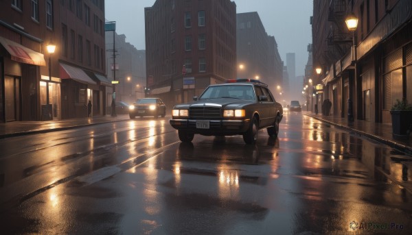 outdoors,sky,water,no humans,window,night,ground vehicle,building,scenery,motor vehicle,reflection,rain,city,sign,car,road,cityscape,vehicle focus,lamppost,street,skyscraper,puddle,traffic light,sports car,plant,potted plant,power lines,real world location