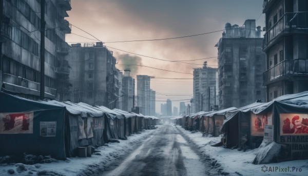 outdoors,sky,day,cloud,tree,no humans,window,cloudy sky,ground vehicle,building,scenery,snow,smoke,city,sign,road,cityscape,ruins,winter,power lines,street,utility pole,grey sky,air conditioner,umbrella,sunset,snowing,lamppost