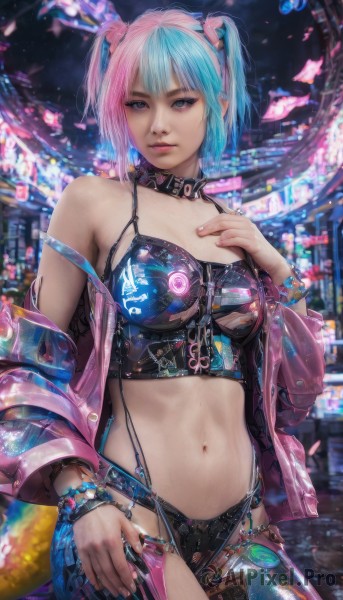 1girl,solo,breasts,looking at viewer,short hair,bangs,blue eyes,navel,bare shoulders,twintails,jewelry,medium breasts,closed mouth,underwear,blue hair,standing,panties,jacket,pink hair,multicolored hair,cowboy shot,open clothes,choker,midriff,pants,off shoulder,stomach,nail polish,blurry,collar,bracelet,two-tone hair,open jacket,two side up,lips,blurry background,hand on own chest,realistic,pink jacket,cyberpunk,swimsuit,bikini,artist name,underboob,chain,watermark,short twintails,web address