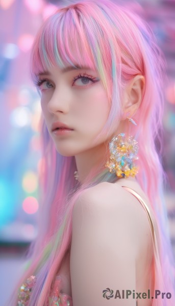 1girl,solo,long hair,looking at viewer,bangs,blue eyes,dress,bare shoulders,jewelry,blue hair,upper body,pink hair,multicolored hair,earrings,parted lips,sleeveless,blunt bangs,blurry,from side,two-tone hair,lips,streaked hair,looking to the side,grey eyes,eyelashes,makeup,depth of field,blurry background,gem,eyeshadow,realistic,nose,bokeh,flower earrings,artist name,mole,pink lips,mascara