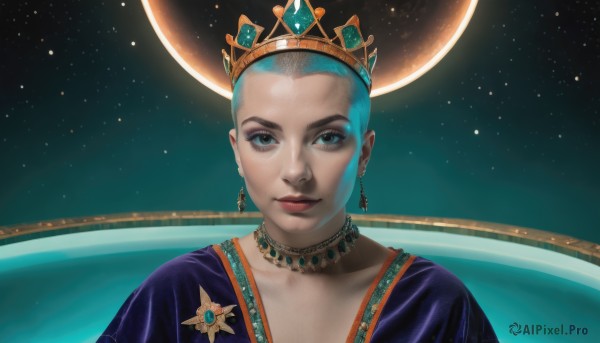 1girl,solo,looking at viewer,smile,short hair,blue eyes,dress,jewelry,blue hair,upper body,earrings,sky,choker,necklace,lips,makeup,night,moon,crown,portrait,star (sky),starry sky,realistic,space,very short hair,planet,closed mouth,dark skin,aqua hair,gem