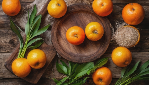 food,no humans,fruit,leaf,from above,table,plate,tray,realistic,orange (fruit),mandarin orange,food focus,still life,wooden table,outdoors,plant,scenery