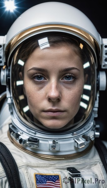 1girl,solo,looking at viewer,blue eyes,brown hair,black hair,closed mouth,upper body,mole,lips,helmet,portrait,freckles,reflection,science fiction,realistic,nose,space,american flag,spacesuit,space helmet,astronaut,1boy,forehead,serious,planet,flag print,earth (planet),united states,american flag print