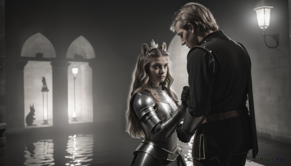 1girl,long hair,short hair,blonde hair,brown hair,1boy,animal ears,jewelry,weapon,hetero,belt,water,armor,looking at another,holding hands,cat,tiara,crown,shoulder armor,gauntlets,reflection,pauldrons,lantern,breastplate,knight,plate armor,gloves,dress,closed mouth,standing,jacket,black gloves,necklace,cape,facial hair,beard,fantasy,vambraces,light,lamp,lamppost