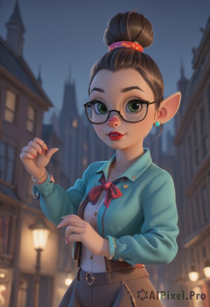 1girl,solo,breasts,looking at viewer,smile,short hair,skirt,brown hair,shirt,black hair,hair ornament,long sleeves,bow,ribbon,jewelry,green eyes,earrings,outdoors,parted lips,glasses,teeth,pointy ears,collared shirt,belt,bag,hair bun,nail polish,blurry,red bow,bracelet,red ribbon,lips,neck ribbon,makeup,night,blurry background,single hair bun,suspenders,blue shirt,lipstick,pointing,building,semi-rimless eyewear,red nails,freckles,black-framed eyewear,city,round eyewear,red lips,lamppost,artist name,bowtie,blue skirt,fingernails,depth of field,scrunchie,red bowtie,hair scrunchie,red scrunchie