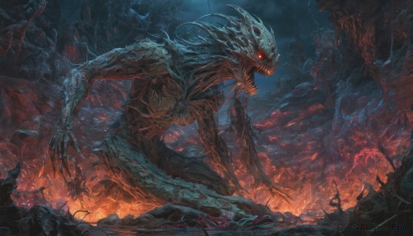 The serene presence of a monster in a lush fiery outdoors