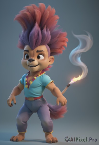 solo,smile,open mouth,simple background,brown hair,shirt,1boy,animal ears,brown eyes,standing,tail,full body,short sleeves,male focus,red hair,multicolored hair,barefoot,teeth,belt,pants,fangs,fire,feathers,blue shirt,child,furry,smoke,furry male,male child,mohawk,purple hair,artist name,watermark,claws,candle,flame