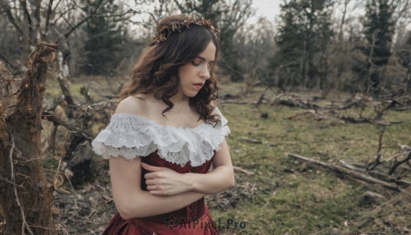 1girl,solo,long hair,brown hair,dress,bare shoulders,closed mouth,closed eyes,upper body,outdoors,day,off shoulder,blurry,tree,lips,wavy hair,crossed arms,red dress,tiara,crown,nature,lace,forest,curly hair,realistic,photo background