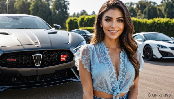 1girl,solo,long hair,breasts,looking at viewer,smile,brown hair,shirt,cleavage,brown eyes,medium breasts,upper body,outdoors,teeth,day,mole,grin,blurry,tree,lips,see-through,blurry background,blue shirt,ground vehicle,motor vehicle,realistic,car,hair behind ear,tied shirt,vehicle focus,front-tie top,photo background,sports car