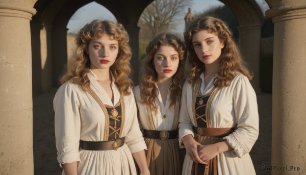 long hair,looking at viewer,multiple girls,blonde hair,brown hair,shirt,long sleeves,dress,brown eyes,jewelry,closed mouth,white shirt,outdoors,day,belt,3girls,white dress,tree,lips,siblings,wavy hair,sisters,curly hair,twins,red lips,brown belt,pillar,arch,column,smile,upper body,parted lips,makeup,own hands together