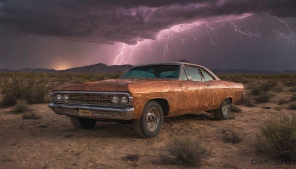 outdoors,sky,cloud,no humans,cloudy sky,grass,ground vehicle,scenery,motor vehicle,realistic,car,vehicle focus,lightning,wheel,sports car,tree