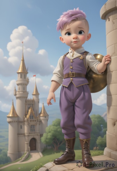 1girl,solo,looking at viewer,short hair,blue eyes,shirt,1boy,closed mouth,standing,full body,white shirt,pink hair,purple hair,male focus,boots,outdoors,sky,day,belt,pants,cloud,vest,tree,blue sky,brown footwear,grass,child,shield,male child,castle,artist name,leaf,flag