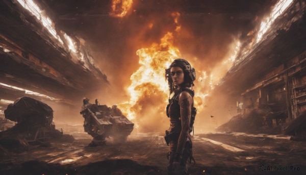 1girl,black hair,gloves,1boy,weapon,multiple boys,armor,uniform,gun,military,helmet,fire,robot,building,mecha,rifle,smoke,science fiction,realistic,military vehicle,explosion,ruins,sepia,debris,soldier,dust,destruction,solo,breasts,looking at viewer,short hair,sleeveless,lips,tattoo,ground vehicle,scenery,motor vehicle,dirty,damaged,embers,cyberpunk,burning