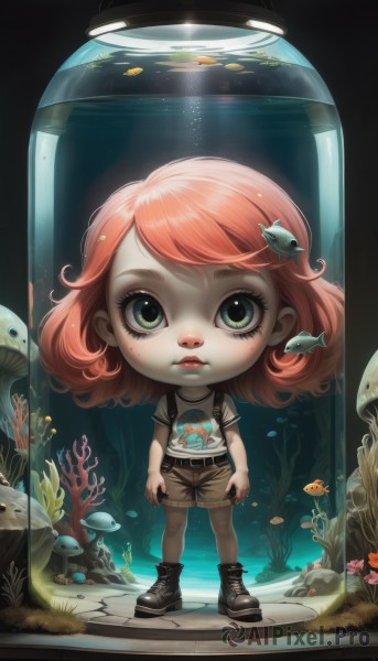 1girl,solo,looking at viewer,short hair,bangs,shirt,hair ornament,closed mouth,green eyes,standing,full body,white shirt,pink hair,short sleeves,red hair,boots,parted lips,shoes,shorts,striped,artist name,signature,water,bag,black footwear,orange hair,lips,short shorts,eyelashes,makeup,swept bangs,watermark,bottle,plant,t-shirt,child,web address,cross-laced footwear,freckles,fish,bubble,legs apart,striped shirt,light rays,underwater,arms at sides,red lips,female child,flipped hair,ankle boots,air bubble,in container,brown shorts,jar,mascara,submerged,coral,fish hair ornament,aquarium,seaweed,clownfish,chibi,realistic,nose,against glass,jellyfish,faux figurine