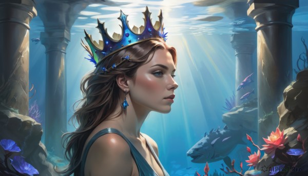 1girl,solo,long hair,blush,blue eyes,brown hair,dress,bare shoulders,jewelry,upper body,flower,earrings,water,from side,lips,eyelashes,profile,blue dress,sunlight,crown,gem,fish,light rays,underwater,nose,sunbeam,pillar,column,closed mouth,portrait,realistic,coral